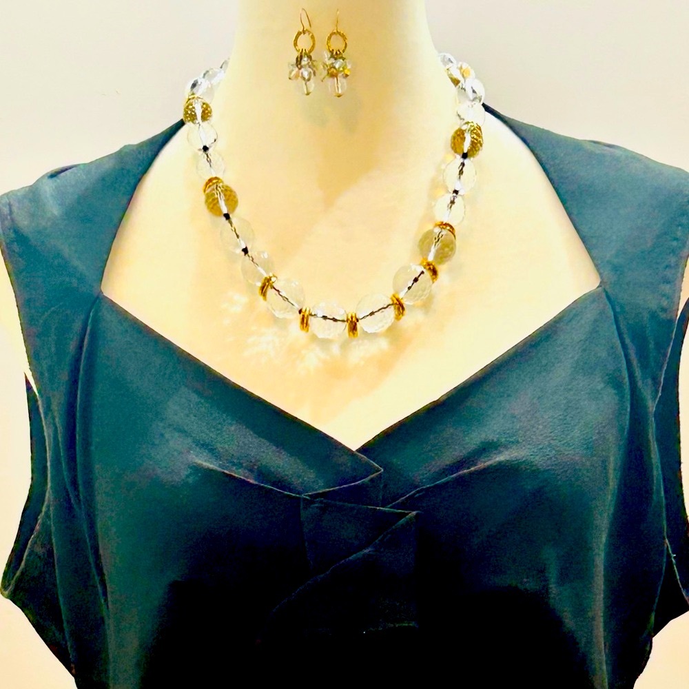 Carlisle NY “Sphere” Cut Crystal and Gold Necklace & Matching Earring Set RARE - Picture 10 of 13